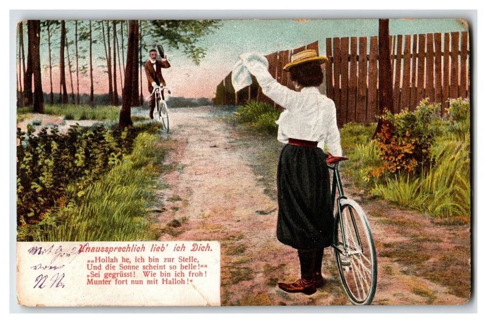 Vintage German Postcard Bicycle Couple Flirting Romantic Poem Divided Back